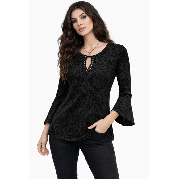 STYLE & CO Black Velvet Burnout Long Sleeve, Bell Sleeves, Witchy Whimsigoth, M - Picture 2 of 16